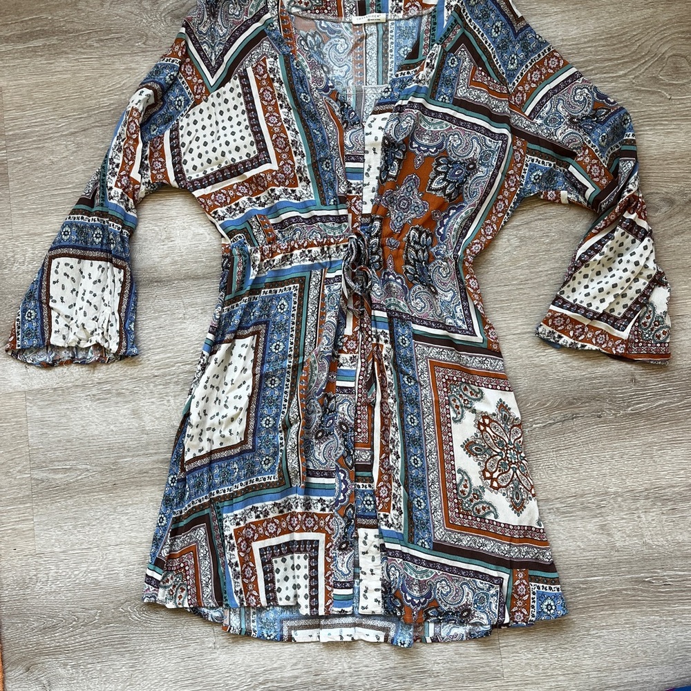 Lovestitch Rust, Blue & Cream Patchwork Tie-Front Mini Dress